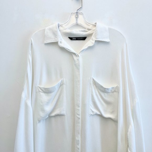 Zara Oversized Collared Shirt Dress with Big Pockets White - Picture 4 of 10